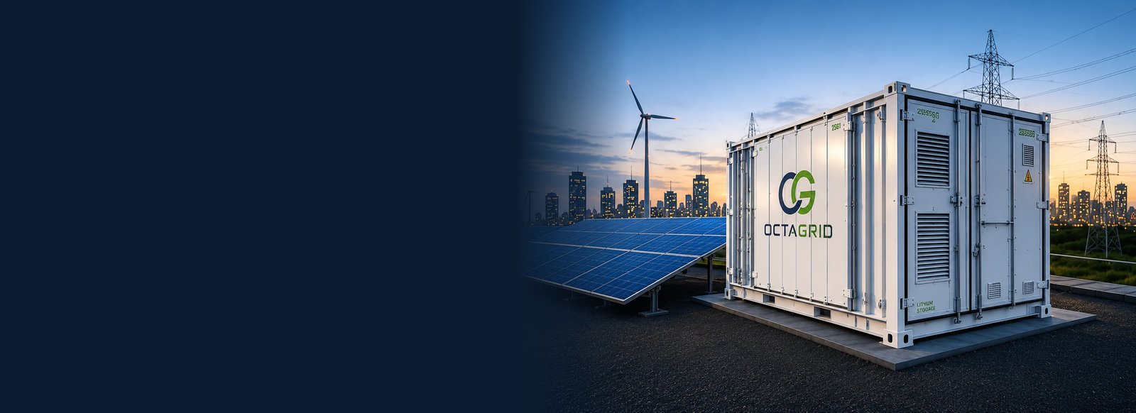 Sistema BESS OctaGrid con paneles solares y turbinas eólicas